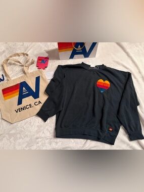NWT Aviator Nation  Heart Stitch Relaxed Crew Sweatshirt  Medium + Tote